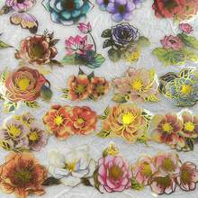 1Set Transparent Flower Aesthetic Golden Foil Stickes Floral Stickers Craft Supplies PET Vinyl Sticker - Multicolor - View 2