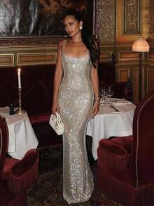 Sequin Spaghetti Strap Bodycon Dress | Sparkling Midi Party Gown | Chic Night Out Dress - 杏色 - 查看 5