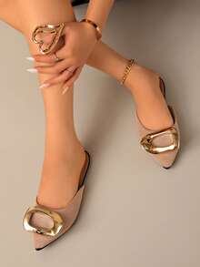 2026 Spring New Women's Slip-On Shoes Fashion Mule Shoes, Black Pointed Toe Fabric Shiny Slip-On Loafers For Commuting - Beige - View 2