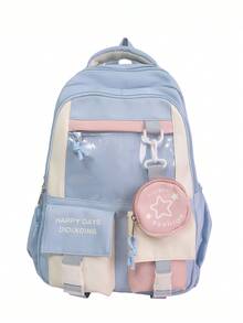 大容量防水 PVC 透明双口袋扣背包，适合女士，便携式多口袋学院风学生书包，带小圆包，适合上学、通勤、旅行、返校季