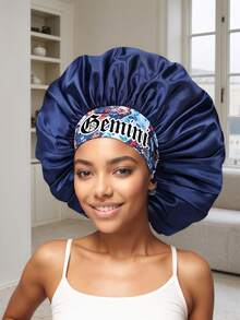 1个个性化十二星座印花缎面睡帽，宽边弹力发帽（图案随机发货） - 藏青色-星座(SM11) - 查看 9