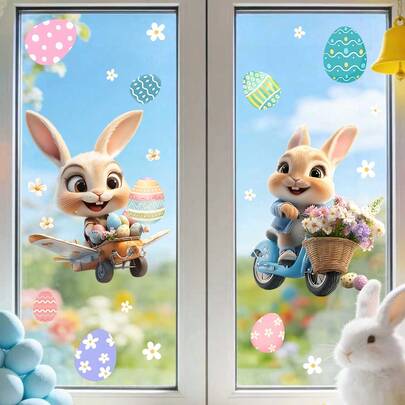 1/6 件装复活节可爱活泼兔子和彩蛋窗贴，可重复使用的双面可见静电吸附乙烯基贴纸，适用于卧室、教室、客厅、室内家居装饰和节日派对用品。