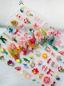 1 Sheet Fresh & Sweet Spring Vibe Nail Art Stickers, Featuring Pearlescent Iridescent Design With Floral Bouquet, Fruits (Peach, Grapefruit), Bow, Mini Bottle, Teacup, Puppy, Camera & Other Daily Items, Creating A Lovely Lifestyle Atmosphere, Suitable For Personal DIY And Nail Decoration - Multicolor - View 2