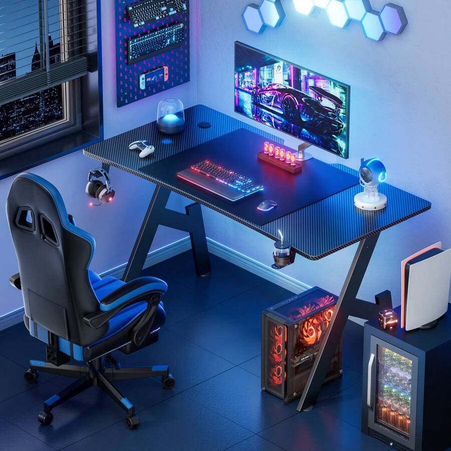 HLDIRECT Gaming Desk With Carbon Fibre Surface - A Shape Large Computer Table, Ergonomic PC Workstation For Home Office