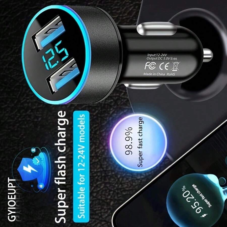 1 pieza Cargador de coche USB doble de ABS de carga rápida, puede cargar rápidamente dos dispositivos móviles simultáneamente, con pantalla LED de voltaje, tamaño compacto, no ocupa espacio en el interior del vehículo. Adecuado para vehículos de 12-24V. - A - Ver 1