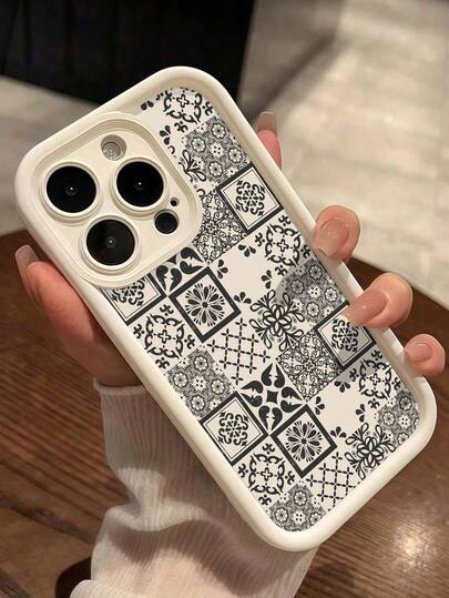 1pc Vintage European Traditional Floral Geometric Patchwork Classic Aesthetic Elegant Soft Protective Phone Case, Compatible With IPhone 11/12/13/14/15/16/17 Pro Max