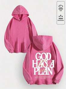 1pcsMen's Unisex "God Has His Plans - Faith Enlightenment" Printed Cotton Hoodie, Vintage Casual Fashion Daily Soft Warm Hoodie, Suitable For Streetwear And Spiritual Aesthetic Enthusiasts, Men's Winter Clothing - 玫紅色 - 查看 12