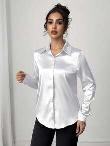 Elegant Collared Front Button Faux Silk Satin Satin Long Sleeve Women Blouse, Suitable For Daily Commute - White - View 3