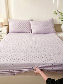 1件浅紫色波点图案床笠，甜美少女风床垫保护套，情人节床垫罩，床单，柔软透气，适用于各种尺寸的床——单人床、双人床、特大号床、大号床，深口袋设计，最大可达11.8英寸 - 淡紫色 - 查看 6