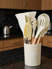 12pcs Wooden Handle Silicone Kitchenware Set, With Holder, Non-Stick Cooking Spatula, Scraper & Stirring Spoon Set, Kitchen Utensils Set With Wooden Handle For Nonstick Cookware, Cooking Utensils Set, Ladle, Spoon, Spatula, Tong, Heat-Resistant & Non-Scratch, Non Smell & Healthy, For Cooking & Baking & Frying & Stirring - MultiWarna - View 2