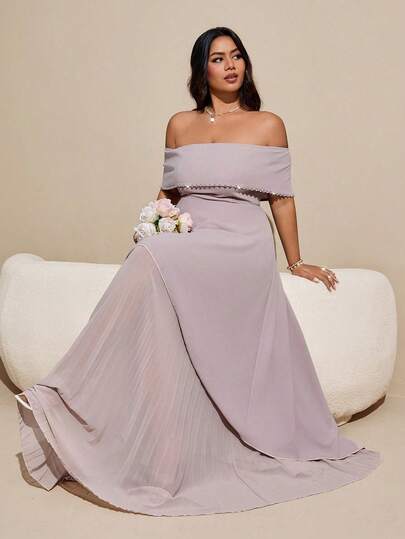 Vestido largo de boda/fiesta con hombros descubiertos, unicolor, multicapa con volantes y aplicaciones de strass para mujer talla grande