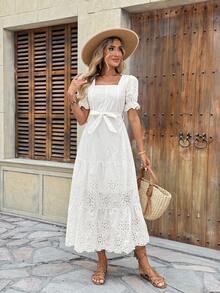 Floral Dress, Evangelical Fashion, Straight Neckline, Embroidered, Long, Lined, With Elastic Waist, Short Sleeves, Tie Detail, Elegant For Parties - 白色 - 查看 4