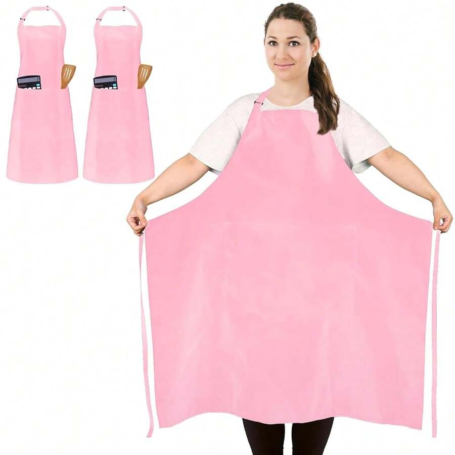 2 Pcs Plus Size Chef Apron, Unisex Professional Apron With 2 Pockets For CooFKing, Work, BaFKing (Larger Size) - Pink - View 1