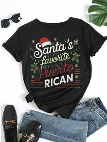 Weihnachts-Grafik-T-Shirt "Santa's Favorite Puerto Rican" mit Kurzarm, Weihnachtsbeleuchtung, Stechpalme, Weihnachtsmann-Mütze Dekoration, lässiges Feiertags-T-Shirt
