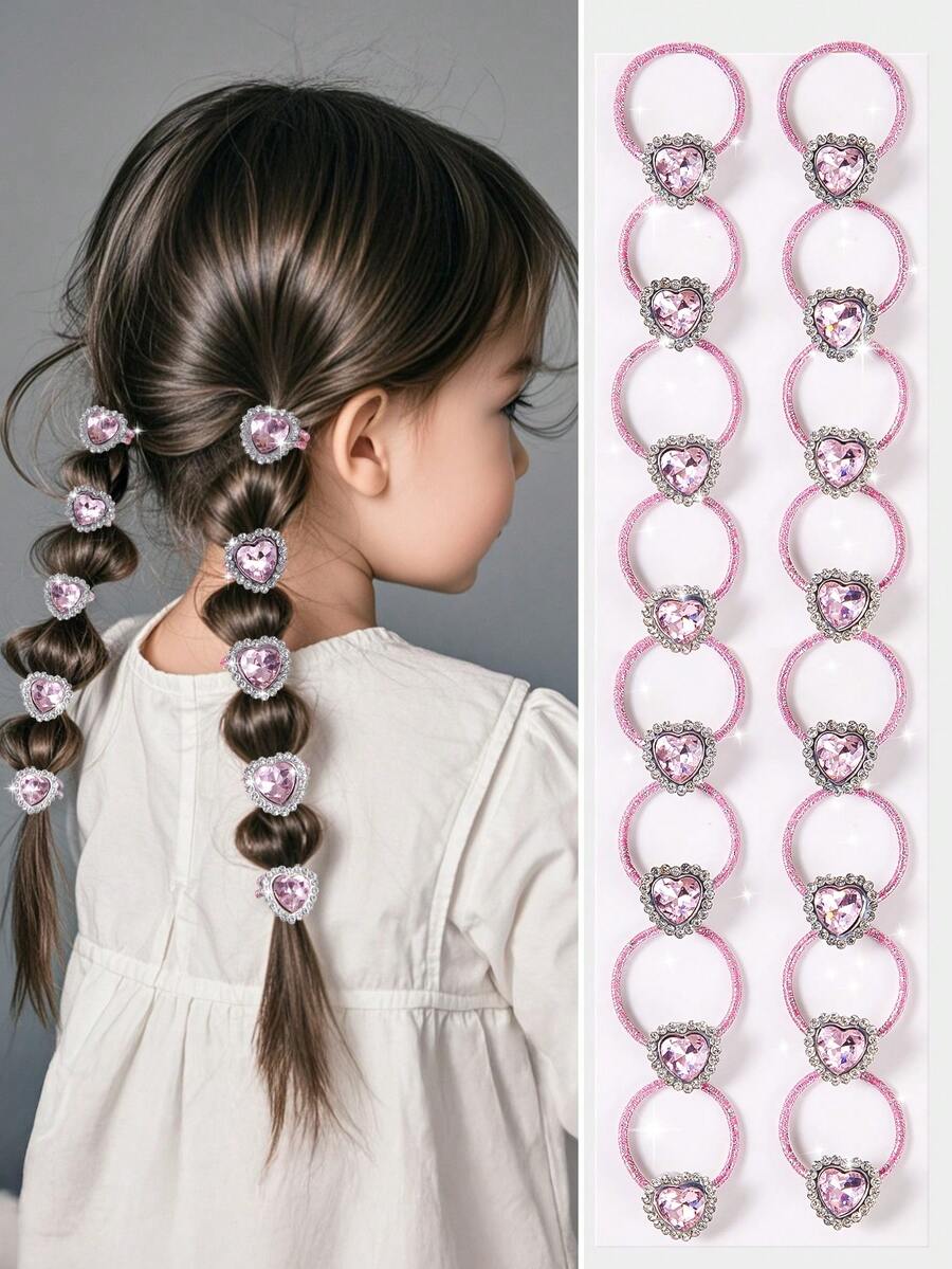 Bộ 10 chiếc dây buộc tóc co giãn hình trái tim đính đá màu hồng dành cho bé gái/phụ nữ, kích thước nhỏ gọn tối giản, kiểu dáng công chúa dễ thương, đa năng, nhẹ nhàng với tóc, độ co giãn cao, phù hợp sử dụng hàng ngày và đi học. - Hồng - Xem 1