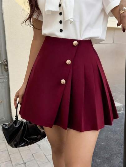  Falda mini asimétrica burdeos elegante para mujer de EARO, diseño de talle alto con botones decorativos, versátil y cómoda