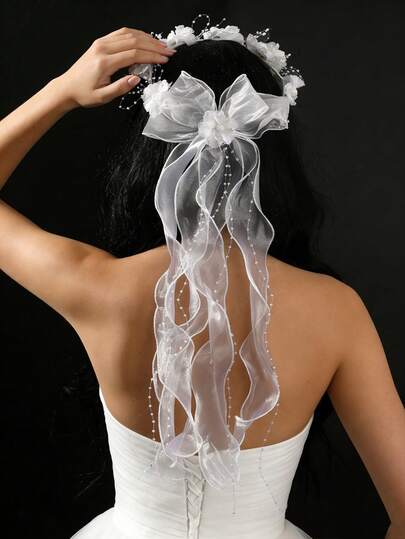 1pc Elegant Floral Wreath With Bow Ribbon Bridal Hair Accessory, Suitable For Wedding
