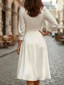 Women's New Solid Color Collared V-Neck Pleated Mid-Sleeve Cinched Waist Fitted Smooth Elegant Minimalist Casual Business Mid-Length Dress, Suitable For Spring, Summer, Autumn And Winter - Apricot - View 6