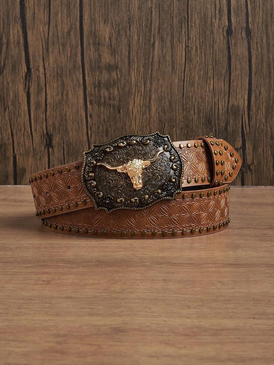 1件女士新款黑色牛街PU（聚氨酯）腰带，手工压花PU外套，百搭西式风格，适合日常穿着 - 駝色 - 查看 1