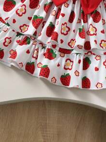 2pcs Baby Girls Cute Fashion 3D Bow Strawberry Flower Heart Print Camisole Top And Layered Tutu Skirt With Hat, Spring/Summer - White - View 8