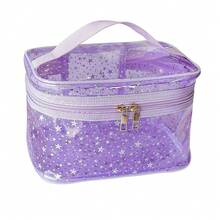 Star Print Purple PVC Makeup Bag With Handle - 8.66 * 5.51 * 5.51 Inch,Clear Storage Bag Toiletry Pocket Portable Zippered Pouch Waterproof Cosmetic Organizer Bags For Women (Purple-L) - 紫色-l - 查看 2