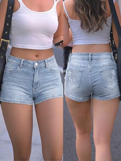 女士休闲个性弹力牛仔短裤，带口袋
