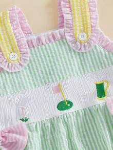 Newborn Infant Baby Girl Golf Outfit Smocked Bubble Romper Ruffle Sleeveless Bow Bodysuit Cute Summer Clothes - màu xanh lá - Xem 4