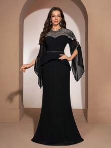 YISIKADO 亮片雪纺晚礼服，高领开衩袖设计，优雅正式，适合婚礼宾客、生日派对、舞会、宴会、毕业典礼、庆典及其他正式场合，也可作为宴会礼服穿着。春季派对 - 黑色 - 查看 5