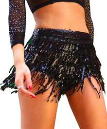 Women's Sequins Tassel Skirts Shorts Booty Dance Festival Bottoms - Black - View 7