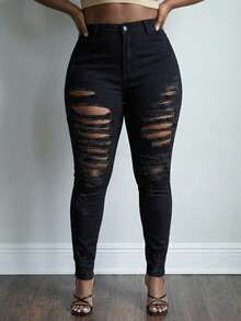 Quần jeans nữ dáng ôm, co giãn, rách nhẹ, phong cách đường phố. - màu đen - Xem 1