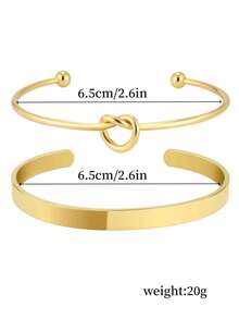 2pcs Stainless Steel Bangle Set, Fashion Simple Heart Knot Open Cuff Bangle, Smooth Open Cuff Bangle, Lightweight Luxury Tarnish Resistant Bracelet, Suitable For Girls And Women - Gold - View 4