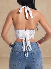 Apperloth A 性感抹胸露脐上衣，白色深V领露背蕾丝上衣，半透明网纱弧形下摆系带露背上衣，万圣节服装，锐舞派对 - 白色 - 查看 2