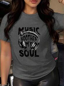 大码印花T恤，“音乐抚慰我的灵魂”，休闲舒适，适合日常穿着 | 夏季 - 深灰 - 查看 3
