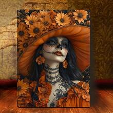 1Pc Wooden Frame Wrapped Canvas Painting, Orange Flower Sugar Skull Art, Modern Living Room And Bedroom Wall Decoration, Home And Office Wall Decoration, Perfect Gift And Home Decoration, Wrapped Canvas Painting, 2D Flat - Orange - View 6