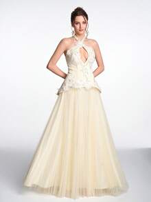 Anymoon Fairy 奢华甜美性感露背薄纱蝴蝶结立体缎面3D蕾丝串珠镂空系带后背褶皱薄纱舞会礼服，适合婚礼招待会、订婚派对、毕业舞会、公司晚宴、斋月庆祝活动 - 黃色 - 查看 5