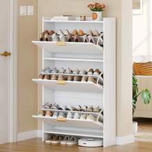 HEXCELEN Shoe Cabinet With 3 Doors, Shoe Rack, Narrow Shoe Cabinet, Adjustable, Shoe Storage, 18-24 Pairs, Large Capacity For Entryway, Hallway, Wardrobe, 24 X 76 X 138 Cm, White - 白色 - 查看 3