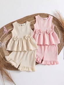 Baby Girl 4pcs/Set Bow Front Peplum Tank Top & Ruffle Hem Shorts - Multicolor - View 1