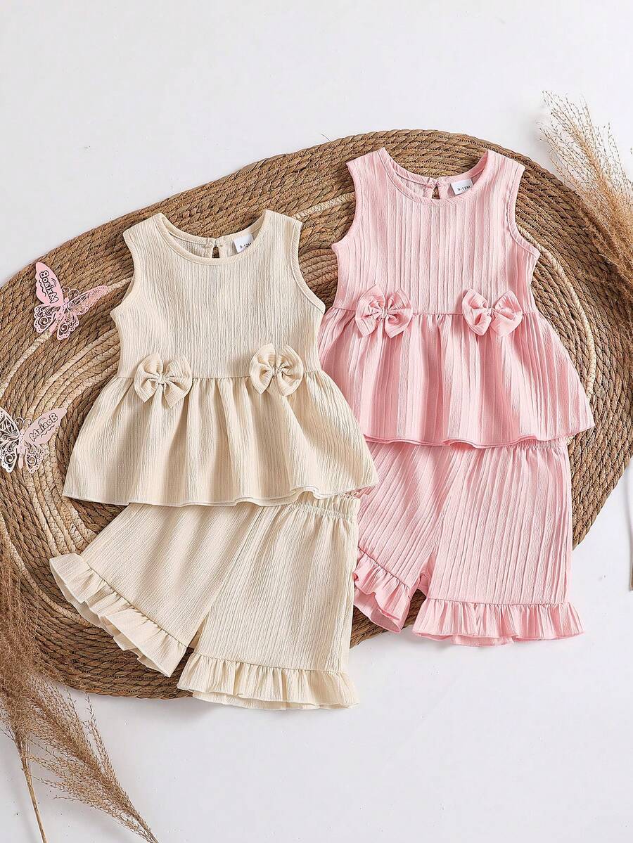Baby Girl 4pcs/Set Bow Front Peplum Tank Top & Ruffle Hem Shorts - Multicolor - View 1