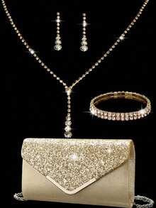 LETODE 镶钻首饰套装，闪亮项链耳环手链套装，女士晚宴手拿包，新娘婚礼金色闪亮亮片V形翻盖优雅信封包，时尚金属装饰钱包，女士舞会手提包，配有可拆卸金属链，适合婚礼和派对，女士单肩包，女士手拿包，女士手提晚宴包，多功能手提包，鸡尾酒会婚礼新款钱包宴会包 - 金色 - 查看 2