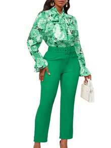 Conjunto de traje de mujer con estampado de moda estilo europeo y americano blusa de manga larga con cinturón y pantalón de vestir de talle alto conjunto de pantalón casual - Verde - Ver 5