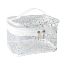 White Star Print PVC Makeup Bag With Handle - 8.66 * 5.51 * 5.51 Inch,Clear Storage Bag Toiletry Pocket Portable Zippered Pouch Waterproof Cosmetic Organizer Bags For Women (White-L) - 白色-l - 查看 1