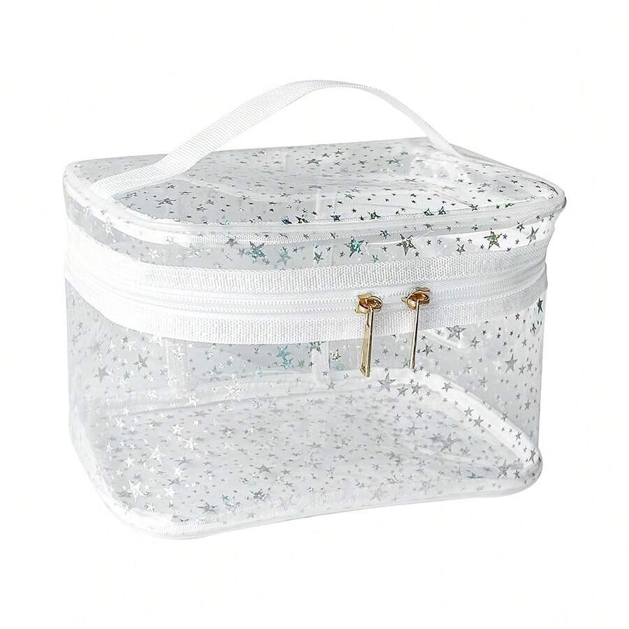 White Star Print PVC Makeup Bag With Handle - 8.66 * 5.51 * 5.51 Inch,Clear Storage Bag Toiletry Pocket Portable Zippered Pouch Waterproof Cosmetic Organizer Bags For Women (White-L) - 白色-l - 查看 1