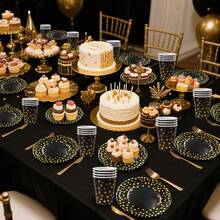 20-Piece Black & Gold Polka Dot Themed Disposable Tableware Set- Plates/Cups/Napkins, Luxury Party Supplies For Wedding Reception, Elegant Dinners & Anniversary Celebrations