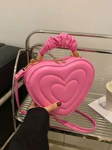 New Stylish Crease Simple Heart-Shaped Cute Solid Color Pleated Handbag, Shoulder Bag, Crossbody Bag For Shopping - Pink - View 9