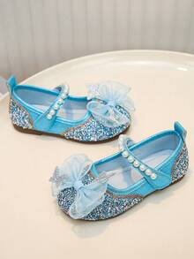 1 Pair Girls' Multi-Color Butterfly Rhinestone Shoes, Pearl Decor Princess Soft Bottom Shoes, Suitable For Spring, Summer, Birthday Party, School Performance, Ethereal And Gentle Little Shoes - Blue - View 3