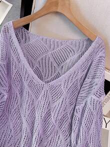 女士V领镂空菱形设计宽松针织罩衫，轻盈透气，适合海滩度假，春夏皆宜 - 紫色 - 查看 3