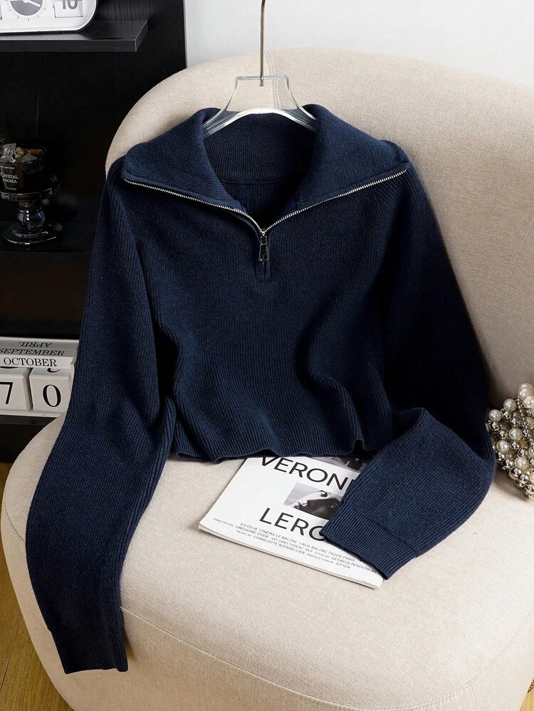 Suéter de cuello alto con cremallera corta para mujer, jersey grueso de punto, informal y cálido para otoño/invierno - Azul Marino - Añade 9
