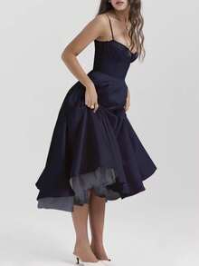 Dresses For Women,Women's Fashionable Double-Layer Lace Camisole Sexy Slim Fit Ruffled Trim Dress - 藏蓝色 - 查看 1