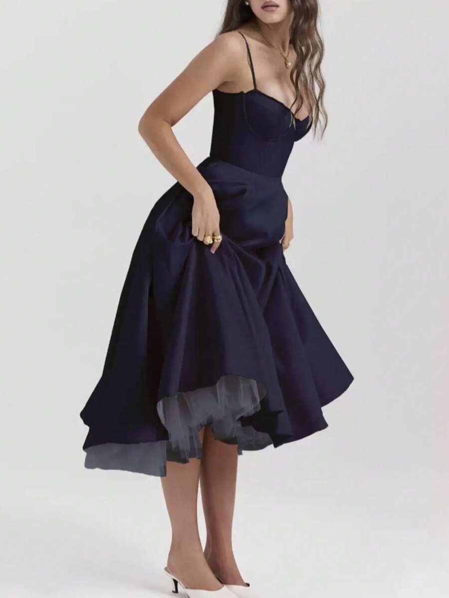 Dresses For Women,Women's Fashionable Double-Layer Lace Camisole Sexy Slim Fit Ruffled Trim Dress - 藏蓝色 - 查看 1