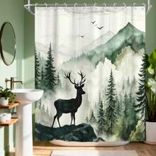 Misty Forest Deer Shower Curtain, Natural Mountain Scenery Modern Bathroom Decor, Forest Animal Shower Curtain Set, Rustic Cabin Style, Bathroom Decor & Accessories, Room Decor, Suitable For Home, Hotel, Resort, Gifts - Multicolor - View 1